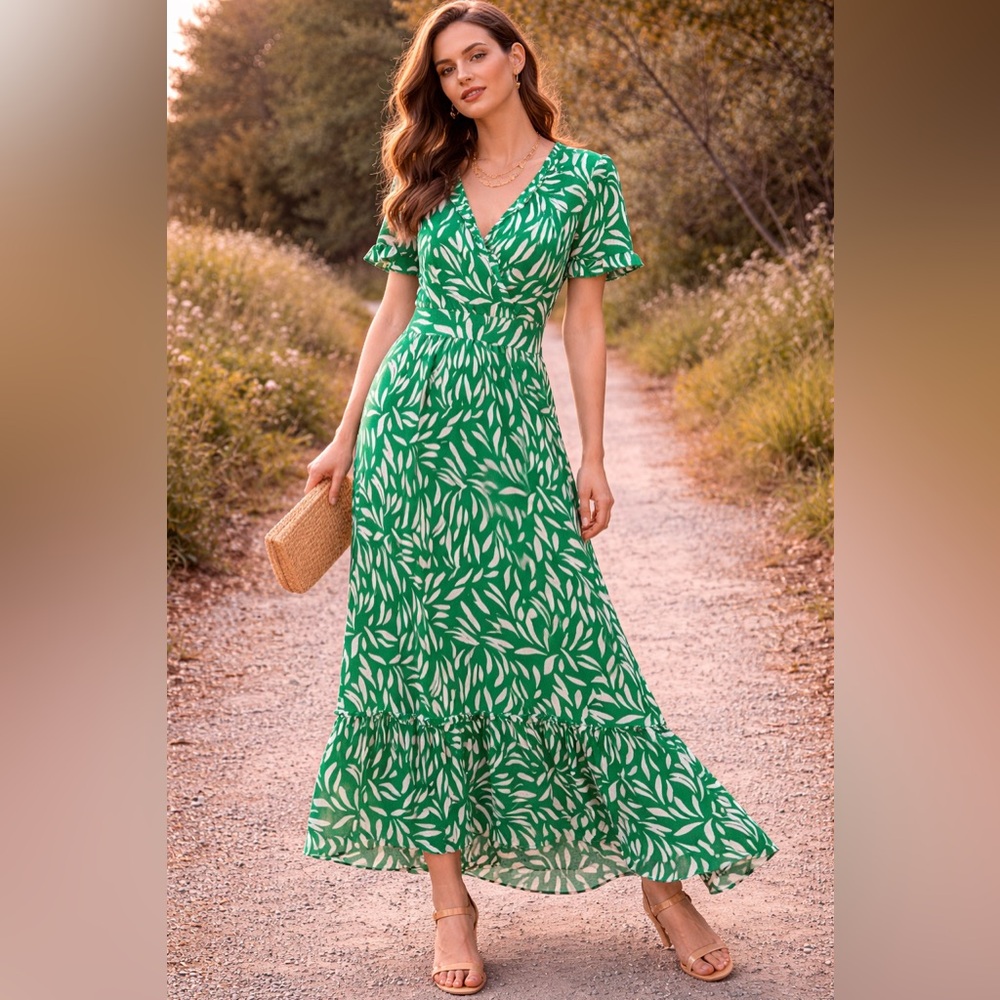 Stella & Julie Green Leaf Print Ruffle Hem Maxi Dress Size M Boho Midi [000298]